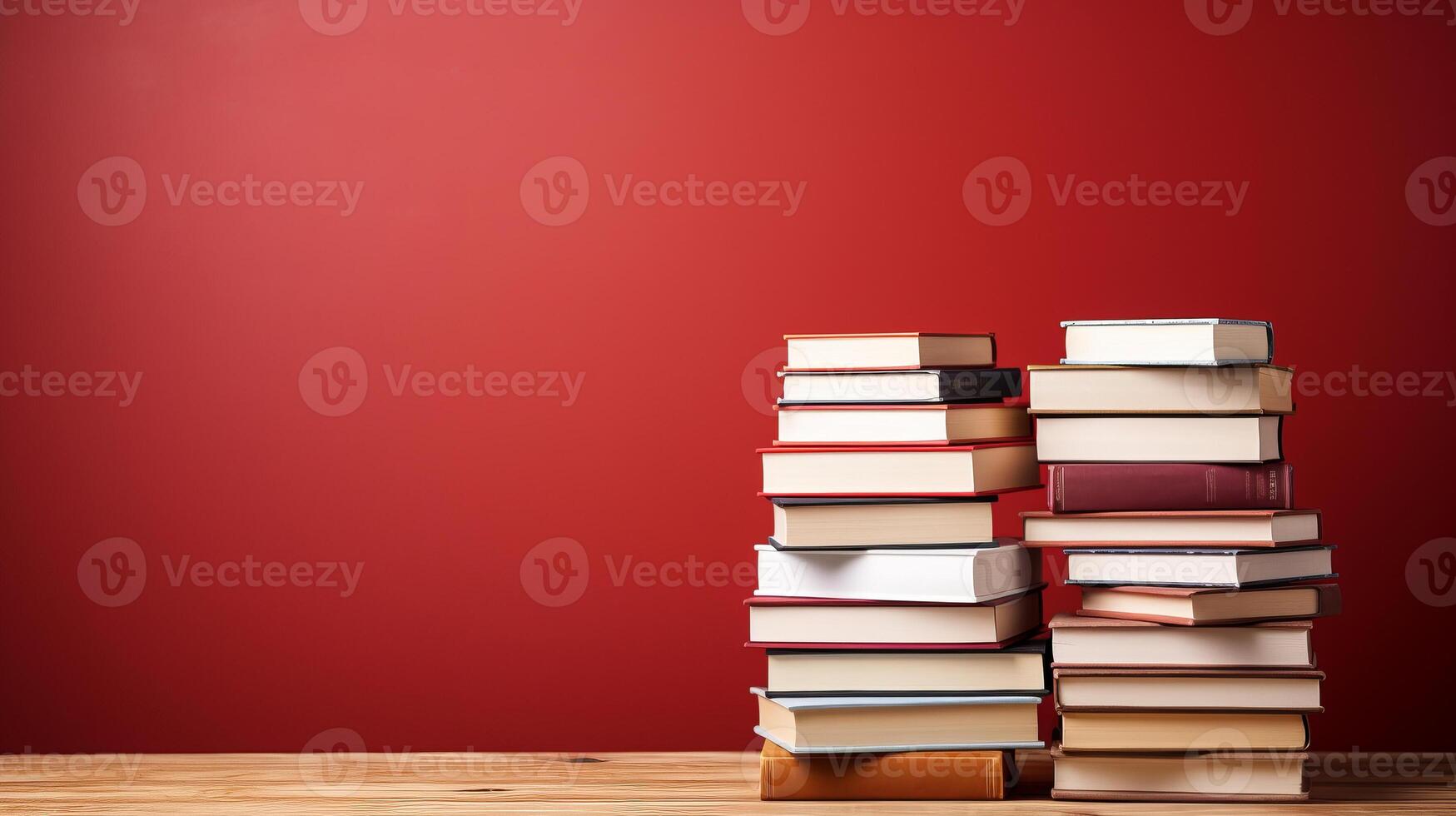 Books and notebooks in row with opened notebook on top and copy space on red background. photo