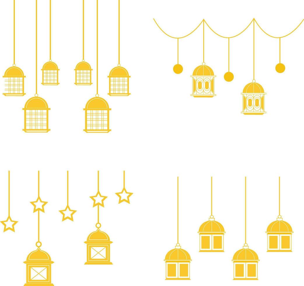 linterna Ramadán decoración. musulmán ornamental colgando oro linternas, estrellas y Luna vector ilustración. musulmán fiesta linterna tradicional.vector Pro