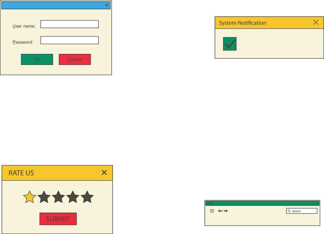Retro Ui Shape vaporwave post and story template. Social media stories and posts with old computer aesthetic ui elements vector set. Illustration of retro groovy abstract interface