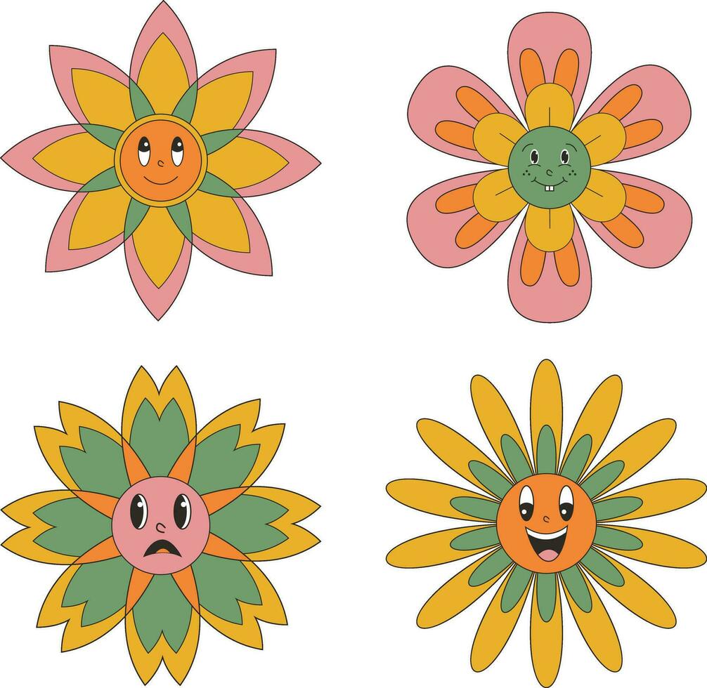 Groovy flower Retro. Funny happy daisy with eyes and smile. Sticker pack in trendy retro trippy style. Illustration Vector