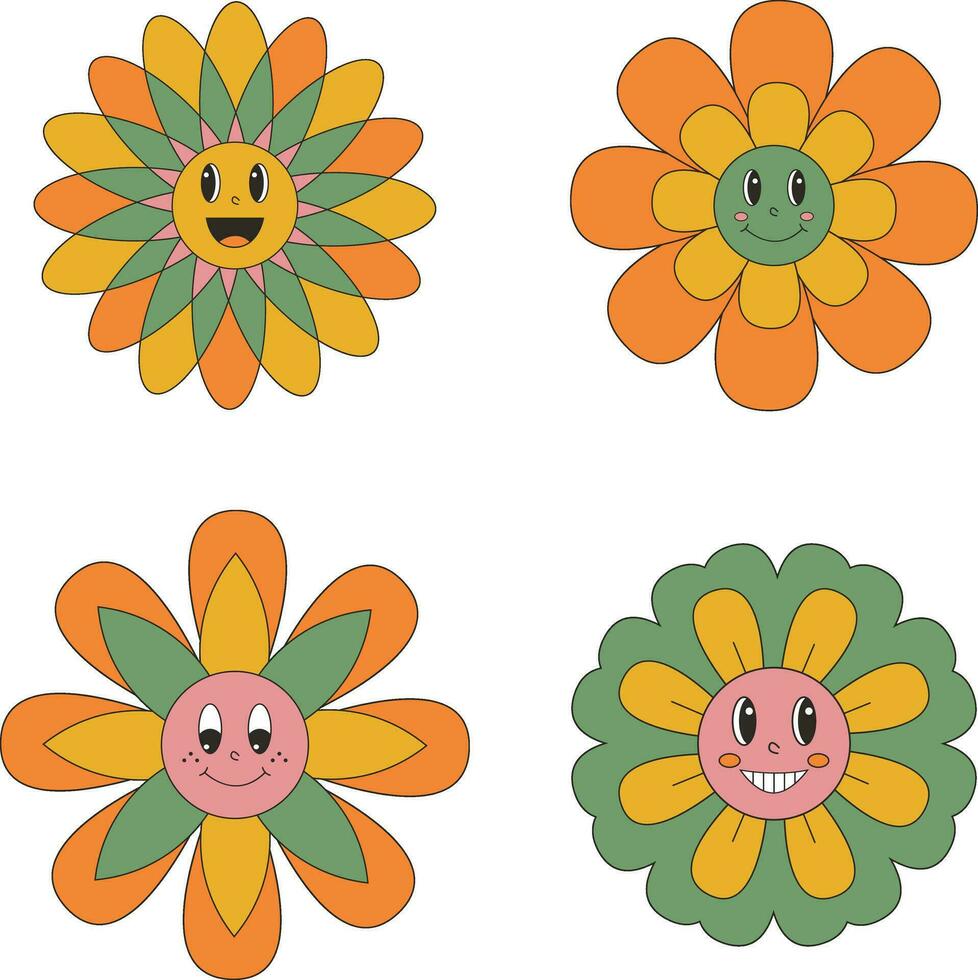 Groovy flower Retro. Funny happy daisy with eyes and smile. Sticker pack in trendy retro trippy style. Illustration Vector