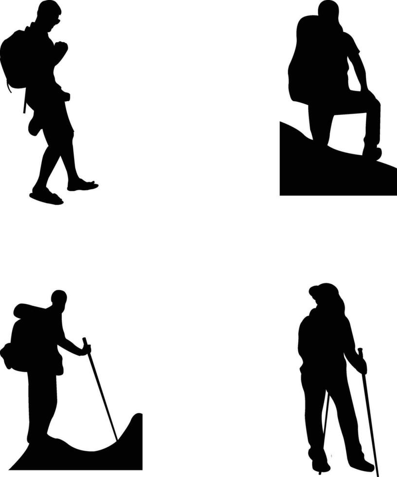Hiking Adventure Silhouette People with backpacks vector silhouettes set. For design decoration.