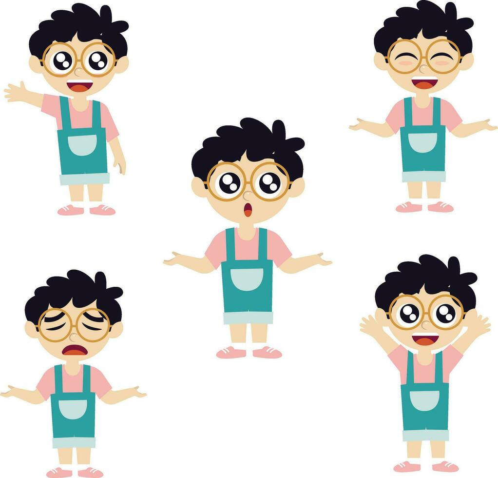 Cute Little Expressions. Little schoolboy with different emotions, gestures and poses. Arms, legs and other body parts construction. Cartoon flat vector collection for design illustration