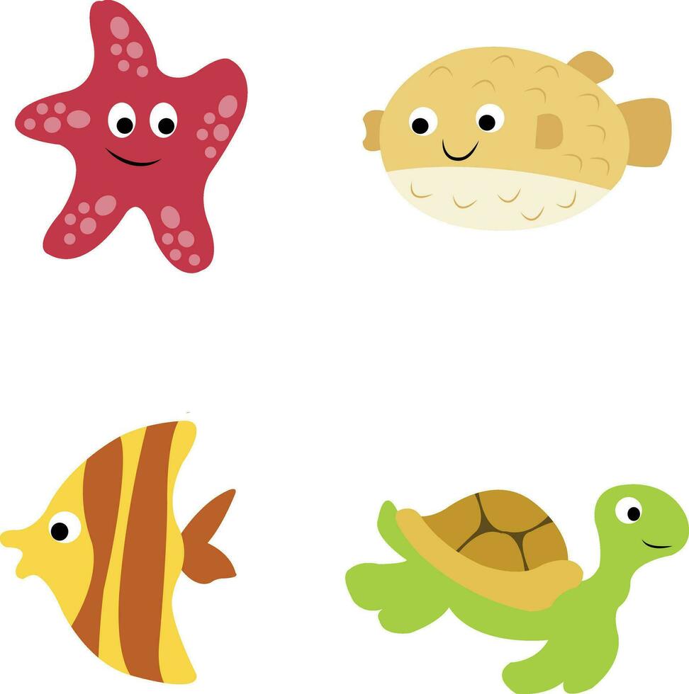 Cute Sea Animals. For design decoration.Inhabitants of the sea world, cute, funny underwater creatures dolphin, shark, ocean crabs, sea turtle, shrimp. Flat cartoon illustration vector