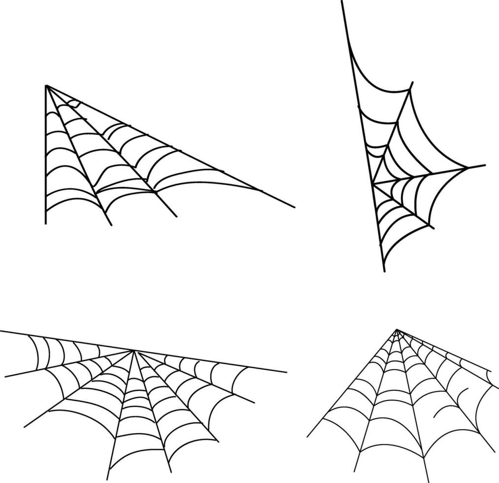 Halloween Spider Web set isolated. Spooky Halloween cobweb with spiders. Outline vector illustration