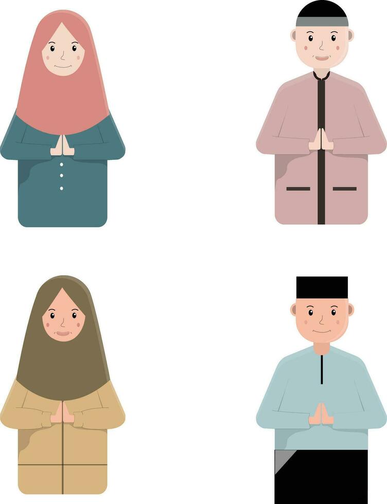 Set of Eid Mubarak Muslim Character illustration. Happy Muslim people celebrate Holy Eid. vector illustration