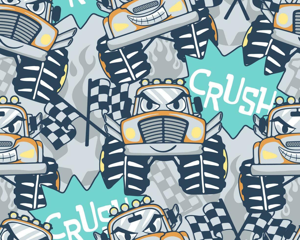 Seamless pattern of monster truck cartoon with car racing elements vector