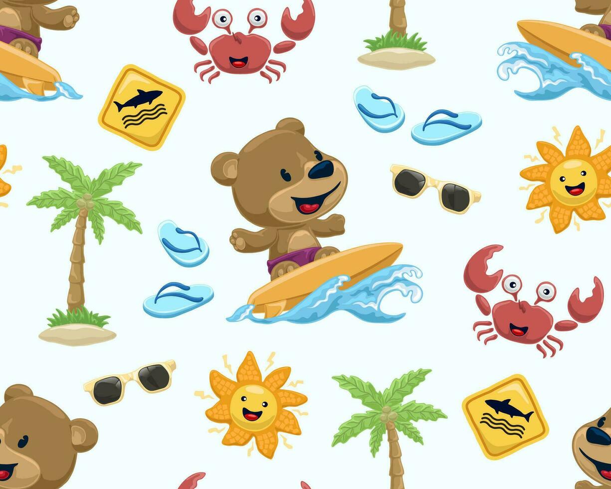 Seamless pattern vector of beach summer holiday elements with cute bear surfboarding