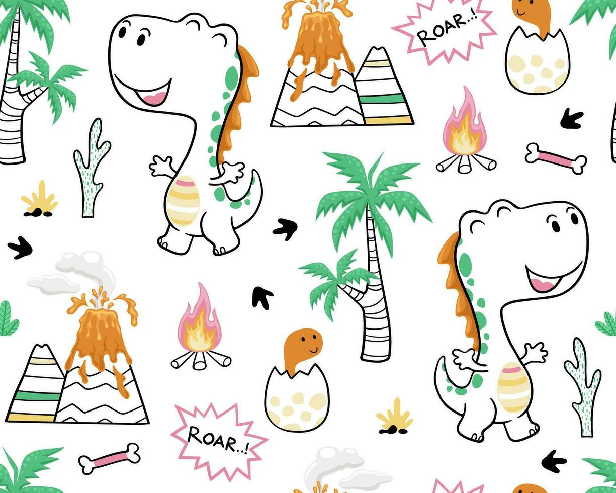 seamless pattern vector of cartoon dinosaur with prehistoric elements