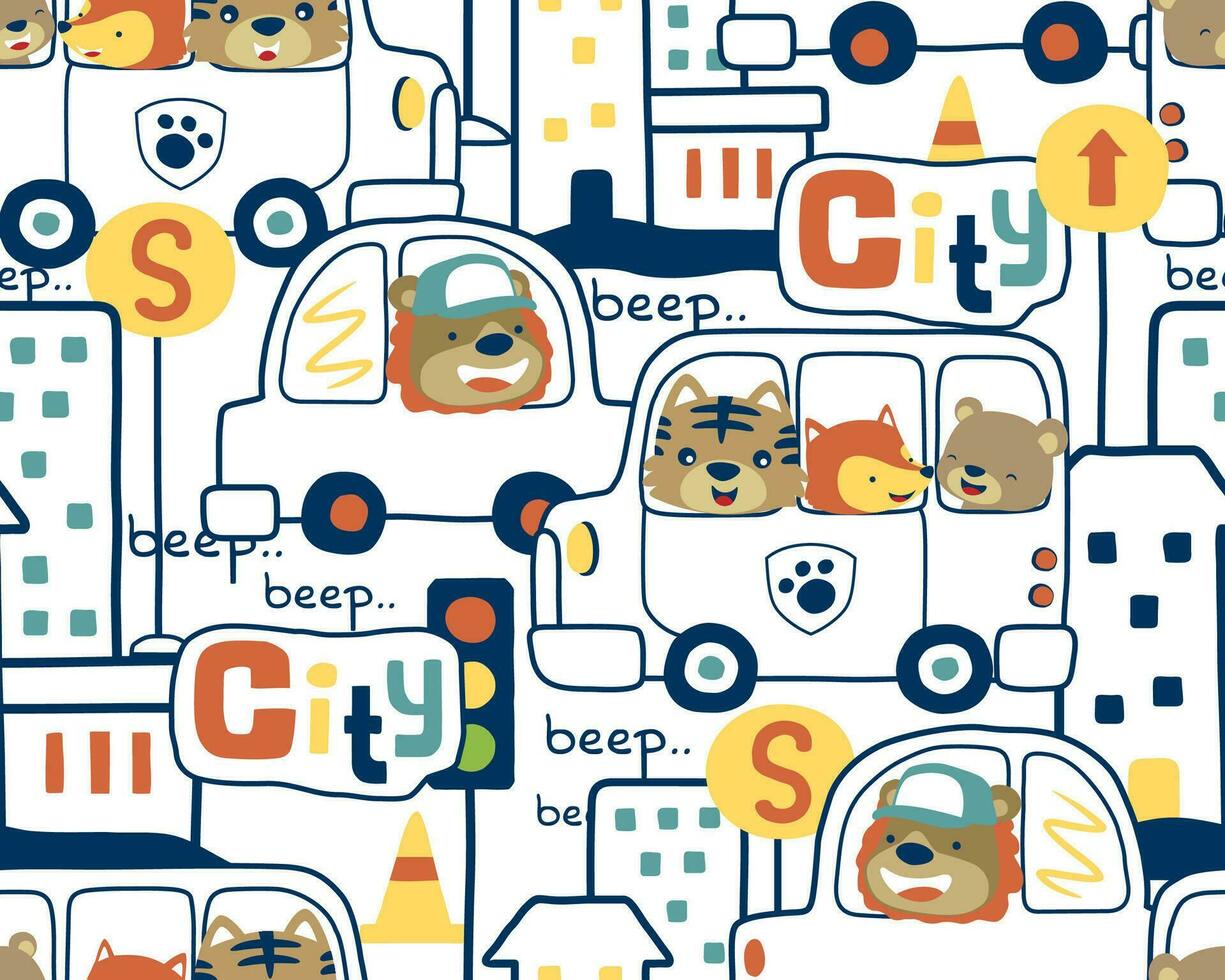 seamless pattern vector of city traffic with funny animals cartoon