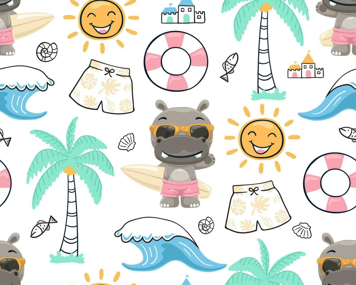 Seamless pattern vector of beach summer holiday elements with cute hippo