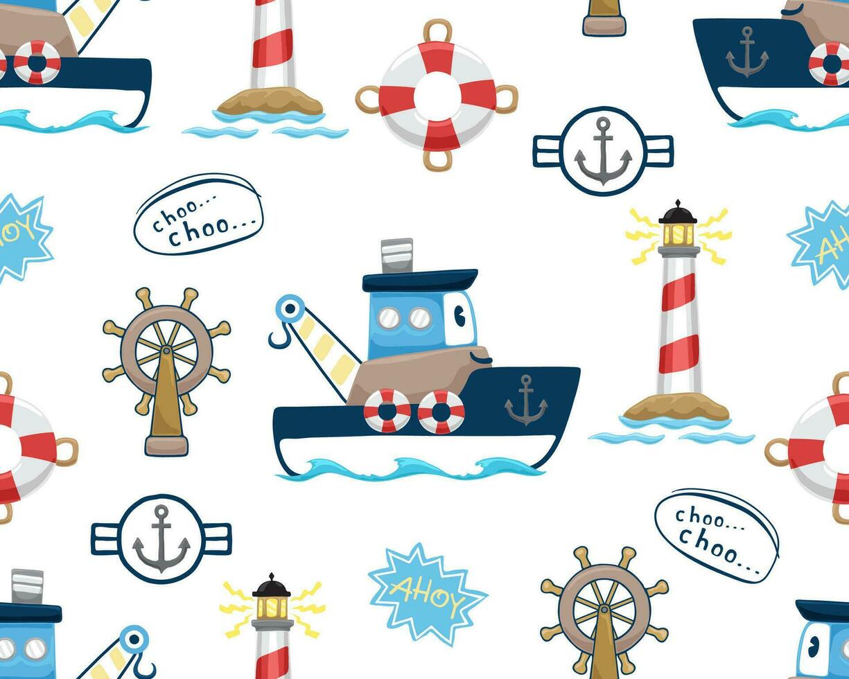 seamless pattern vector of funny boat cartoon with sailing elements