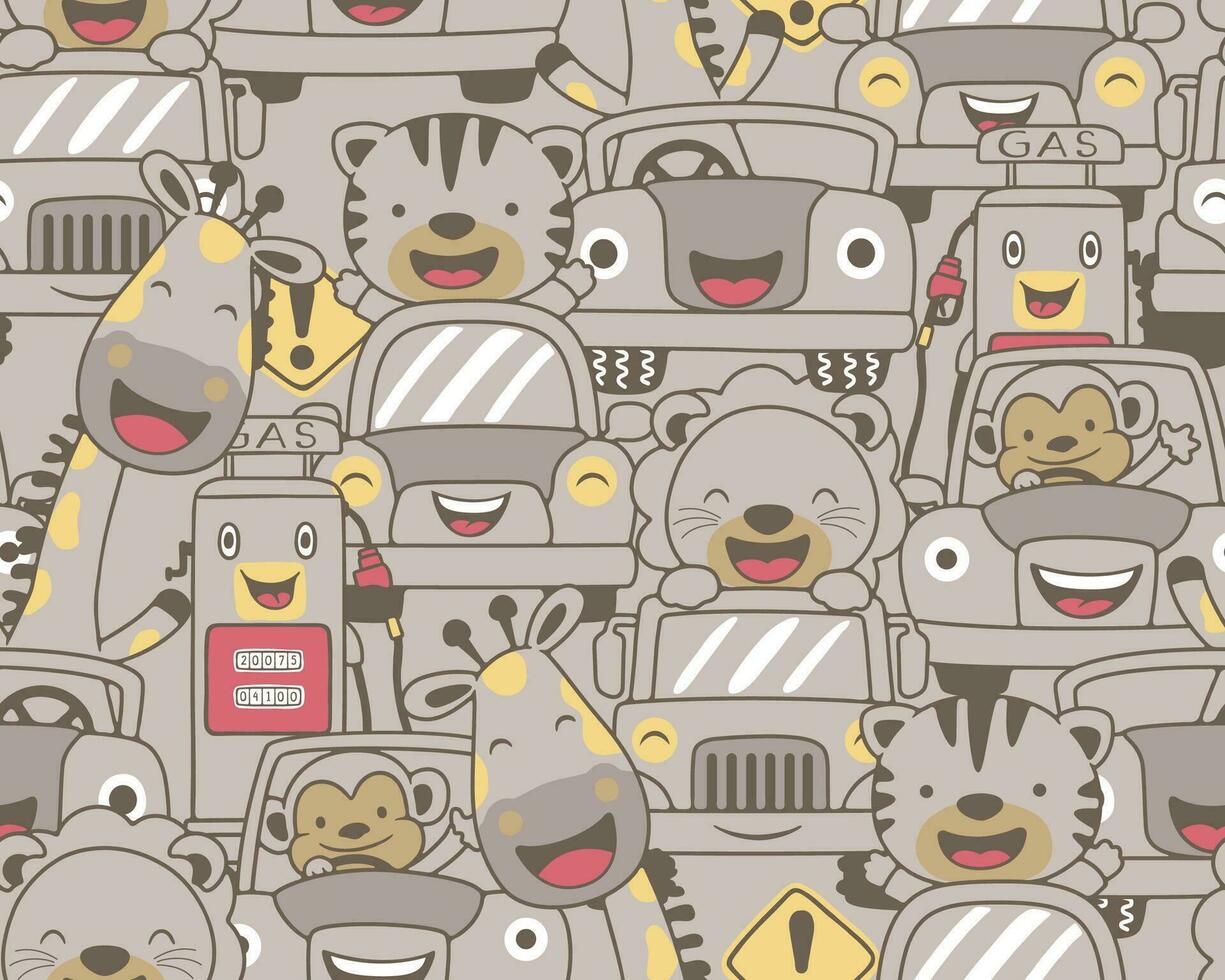 Seamless pattern vector of funny vehicle cartoon with cute animals and gas station