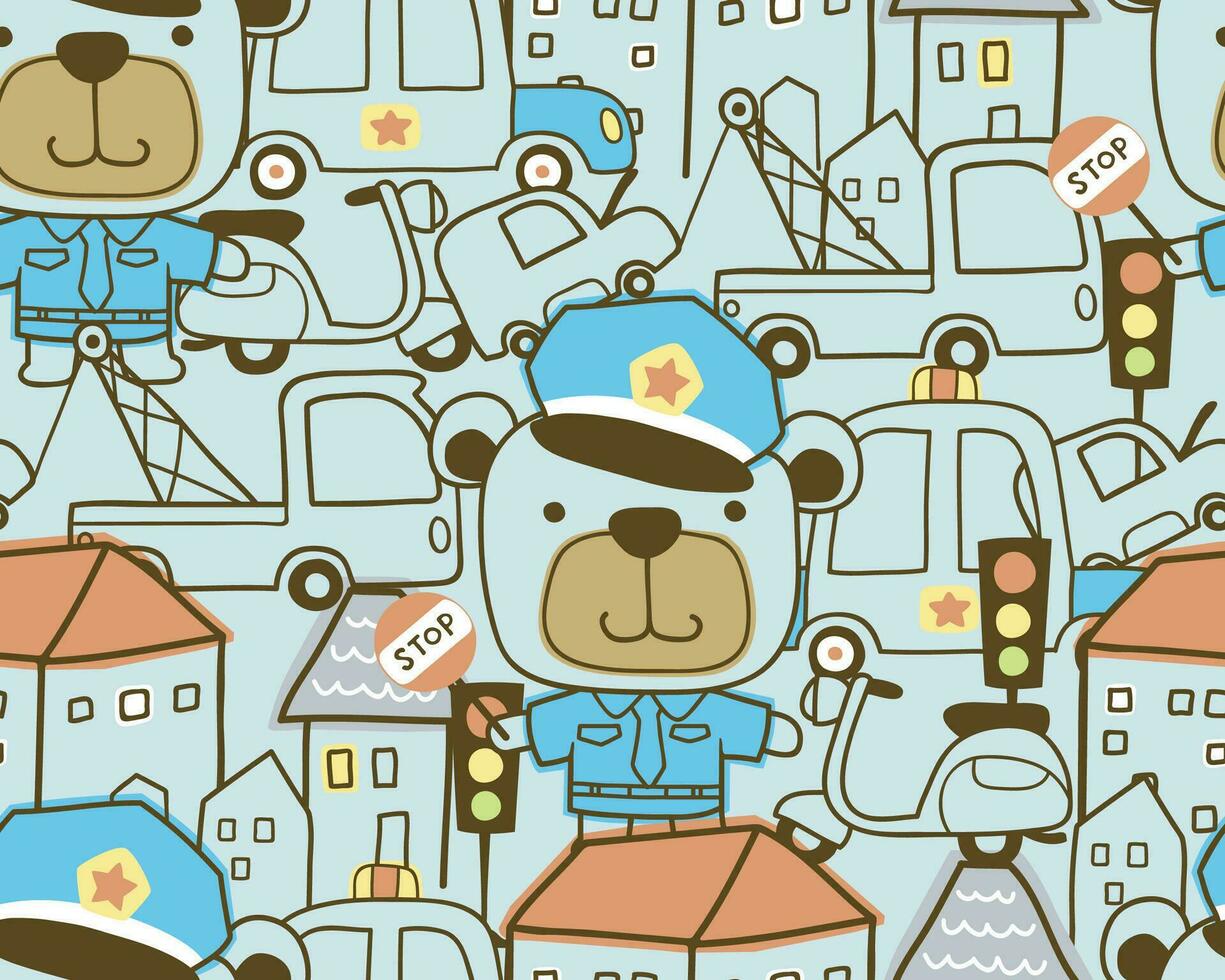 Seamless pattern vector of cute bear cartoon in traffic cop uniform with city traffic elements