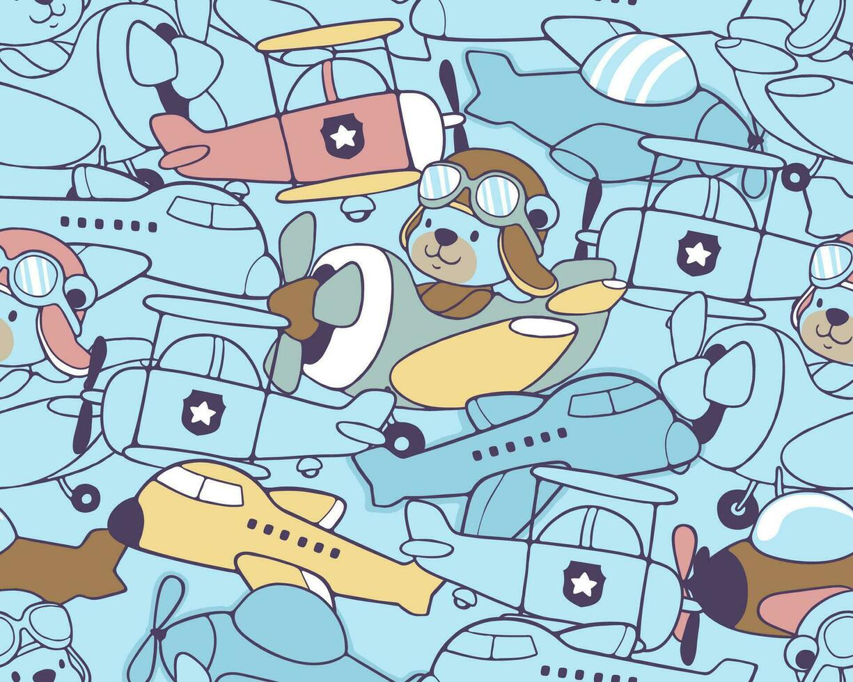 Seamless pattern vector of airplane cartoon with cute bear pilot