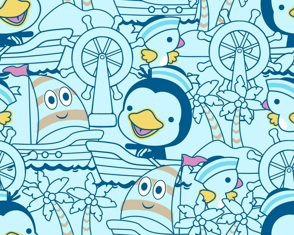 seamless pattern vector of cartoon penguin with sailing elements