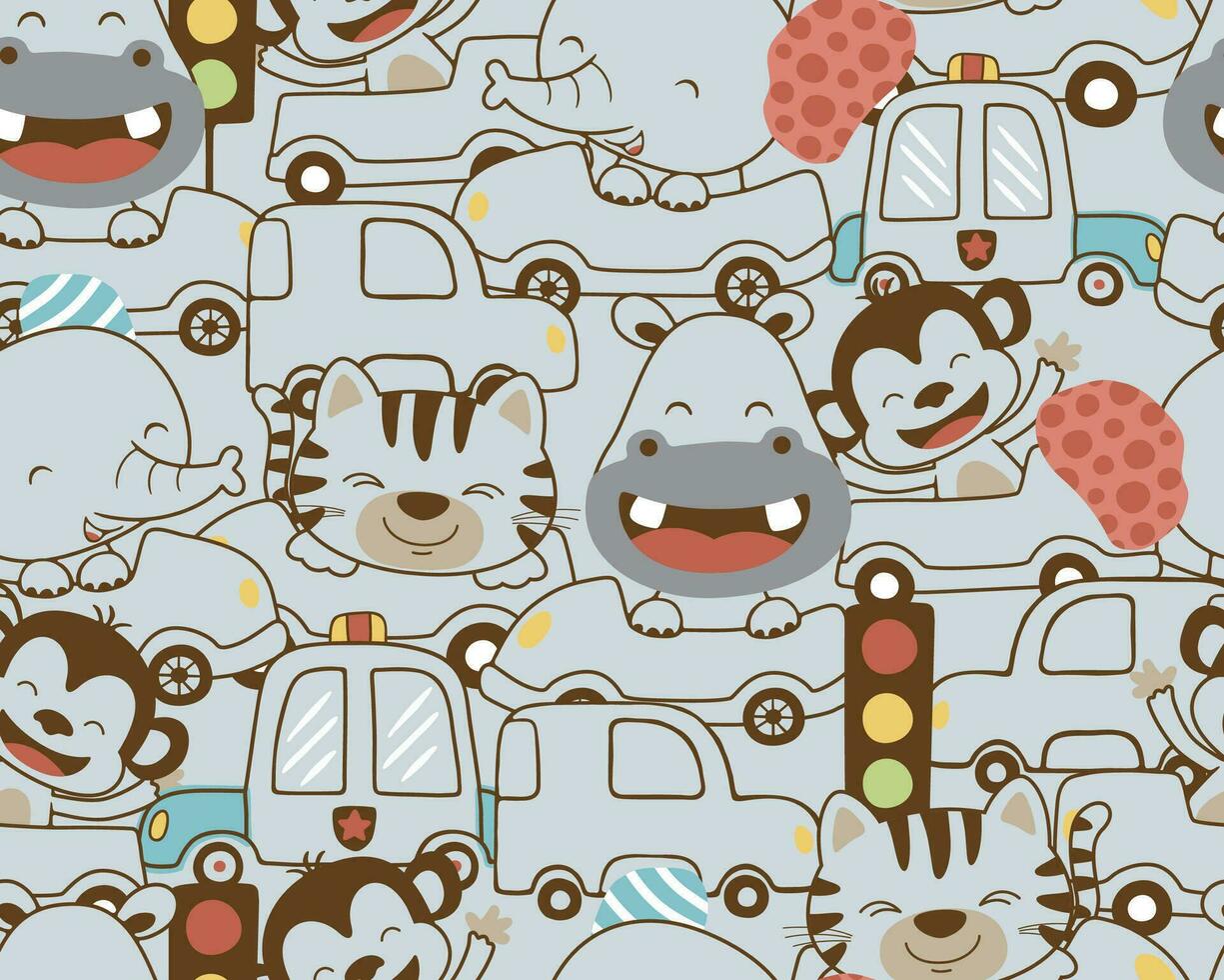 Seamless pattern vector of vehicles cartoon with funny animals and stoplight