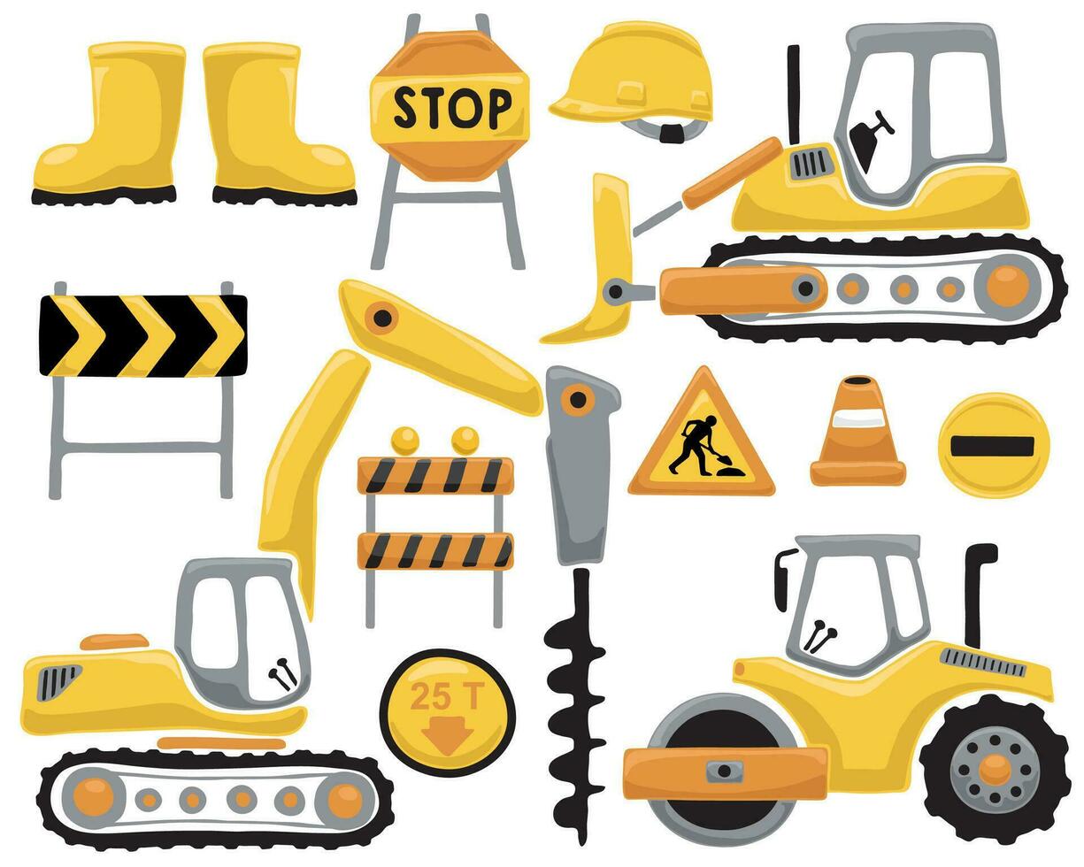 Set of construction elements with construction vehicles vector