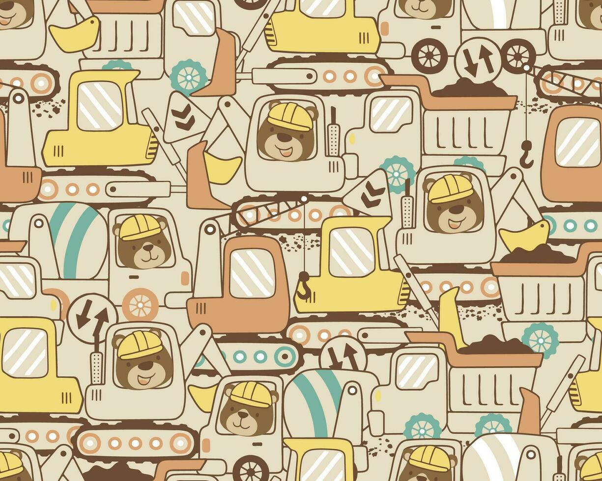 Seamless pattern vector of construction vehicles cartoon with funny bear