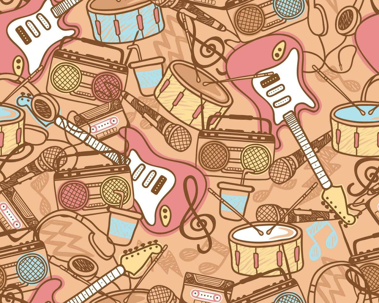 Seamless pattern vector of musical elements cartoon in retro style