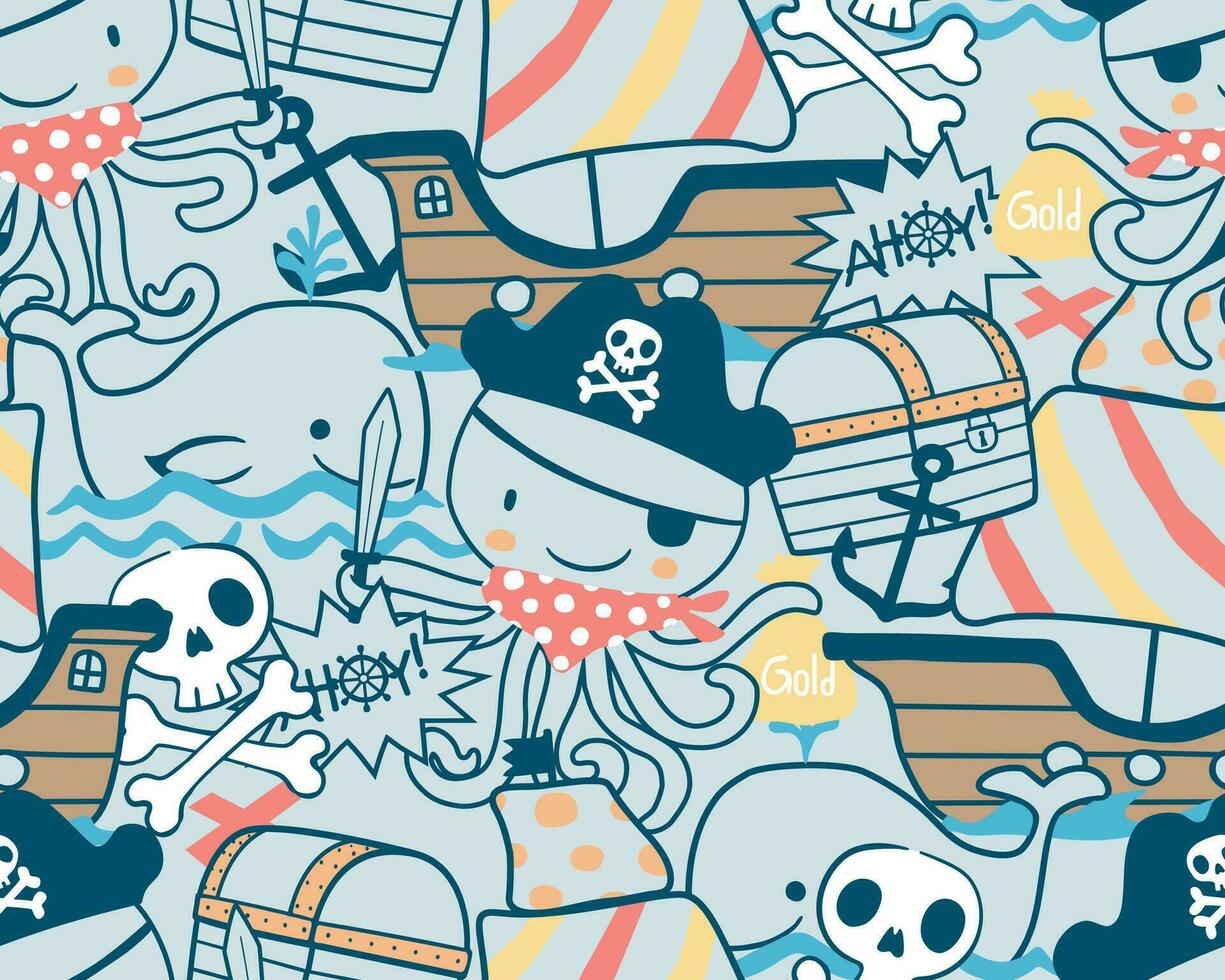 seamless pattern vector of pirate sailing cartoon elements with octopus and whale