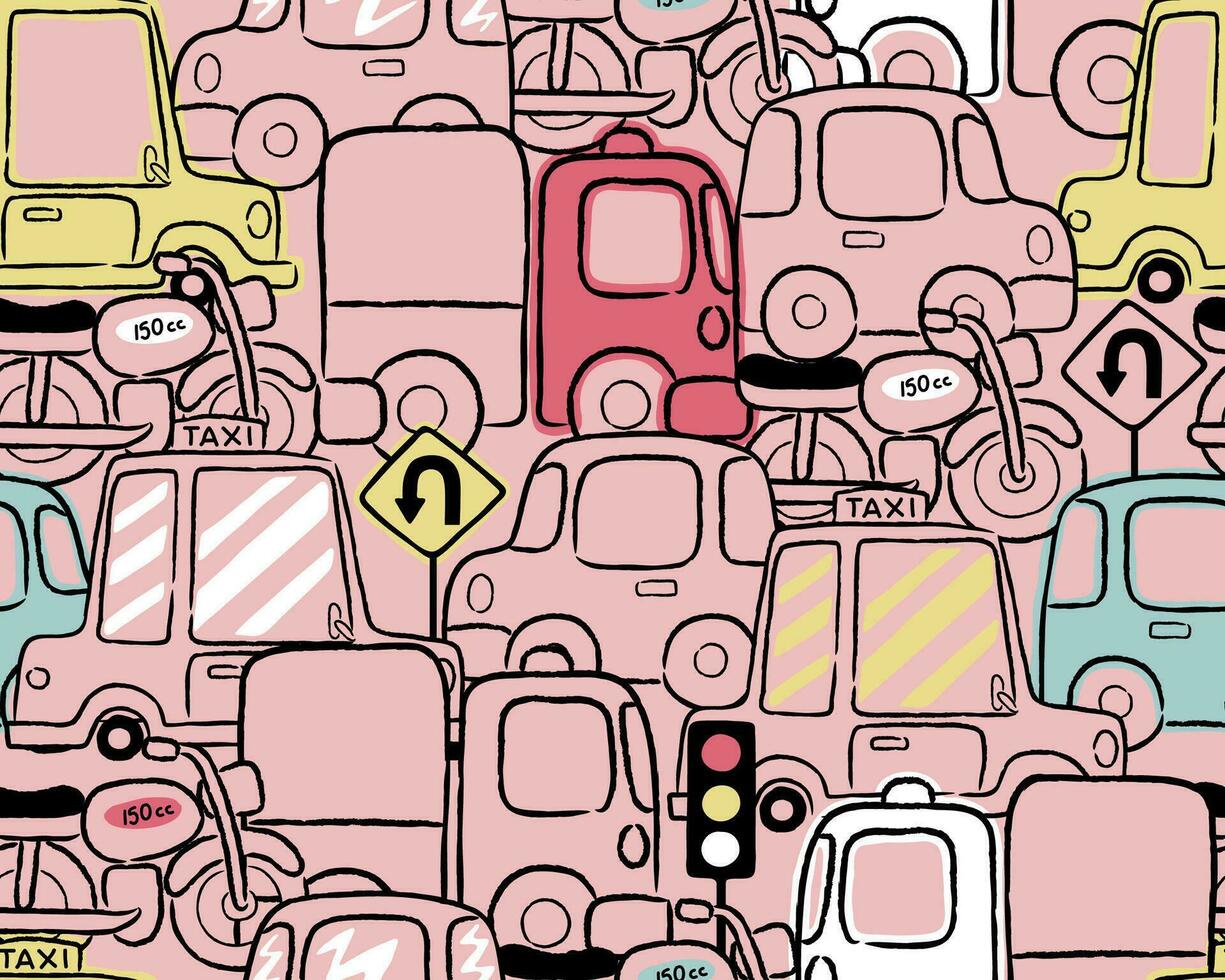 Seamless pattern vector of vehicles cartoon with road sign
