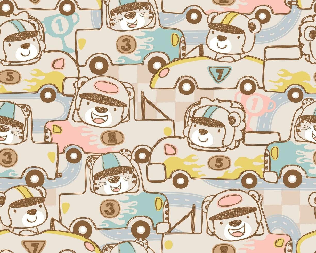 Seamless pattern of cartoon car racing with animals racer vector