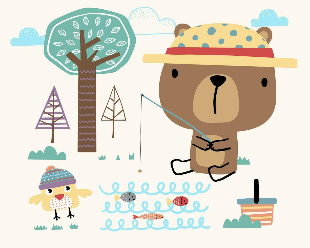 Vector illustration of cartoon cute bear with little bird fishing in the woods