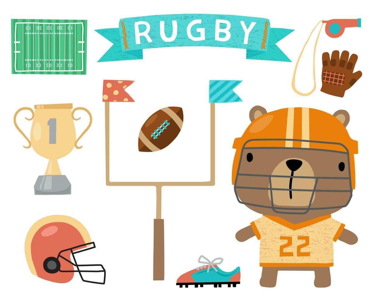 Vector illustration of cartoon bear in rugby jersey with rugby elements