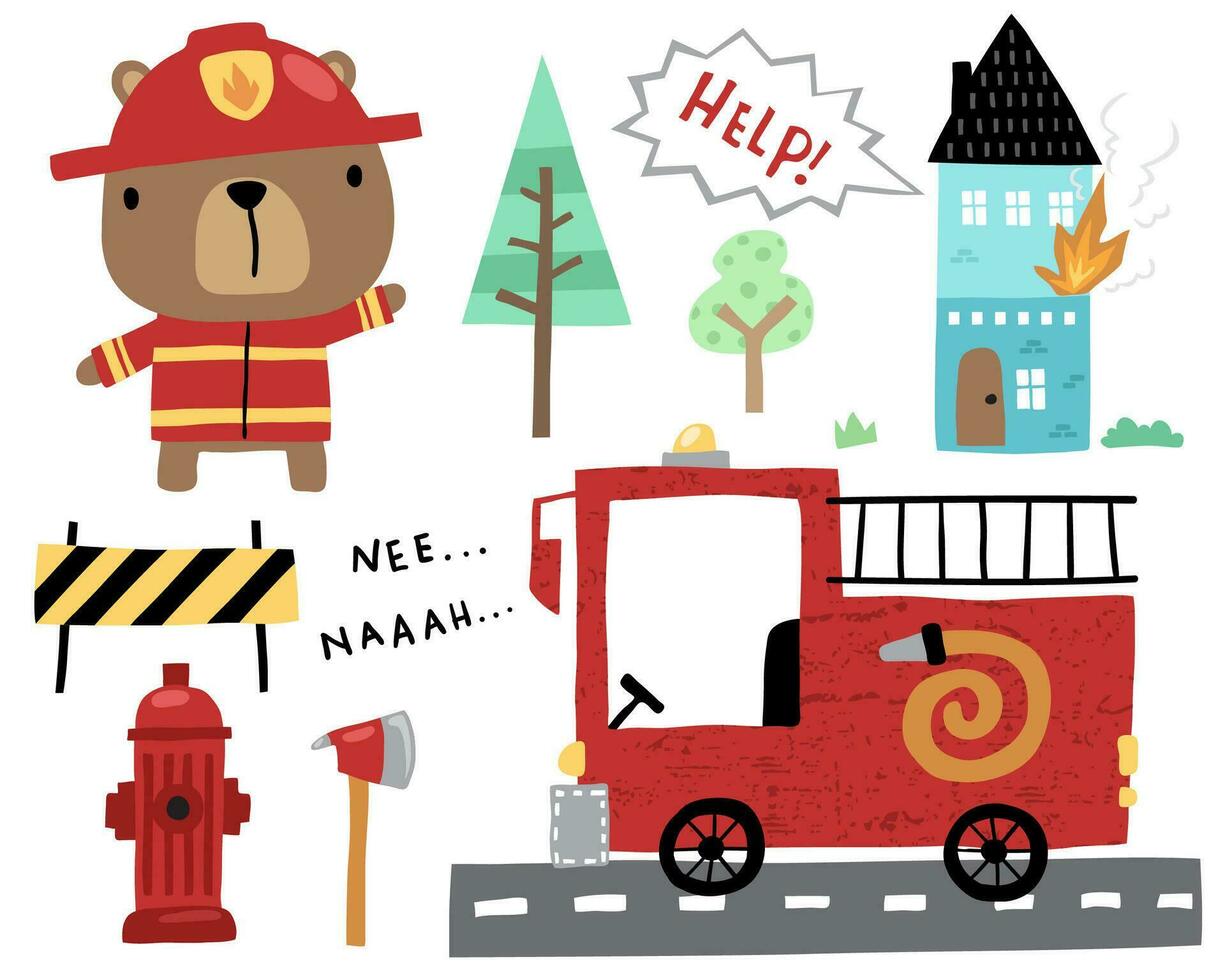 Vector illustration of cartoon bear in fireman uniform, fire rescue elements