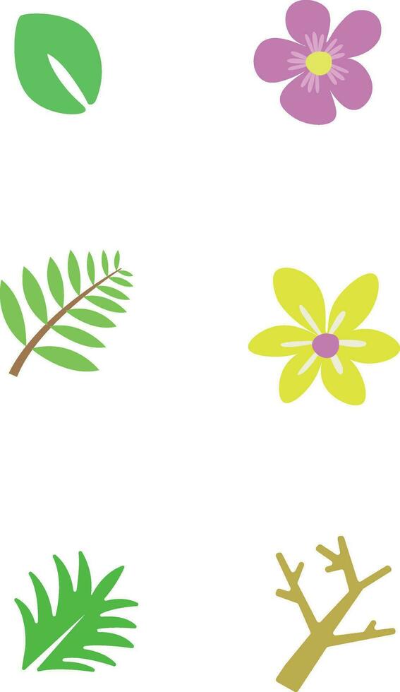 Simple Plant Illustration of flower,plants, trees, leaves, branches, bushes and pots. Flat cartoon vector illustration