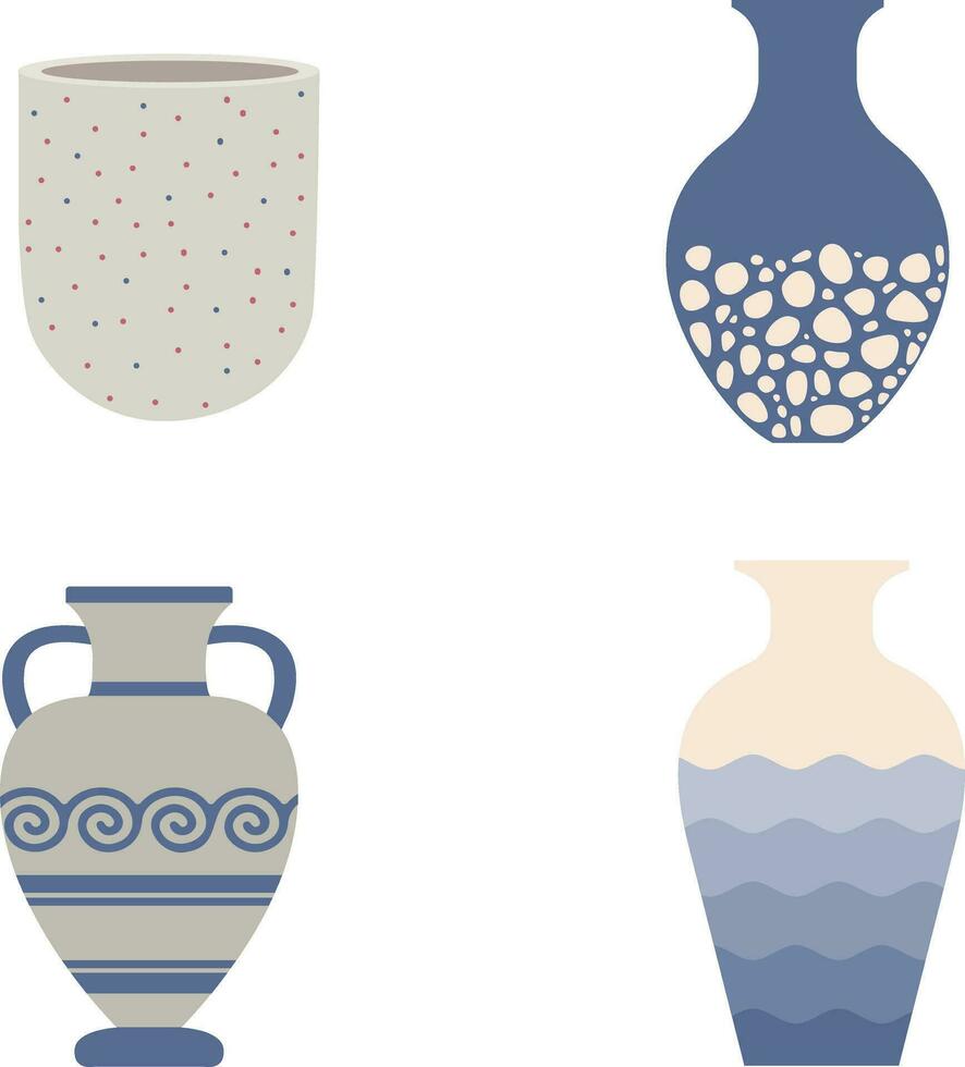 Ceramic Pots. Blue ceramic with oriental pattern. China vases, jugs, teapots and jars for interior, vector set. Illustration vase porcelain decoration, ceramic ancient.Vector Illustration