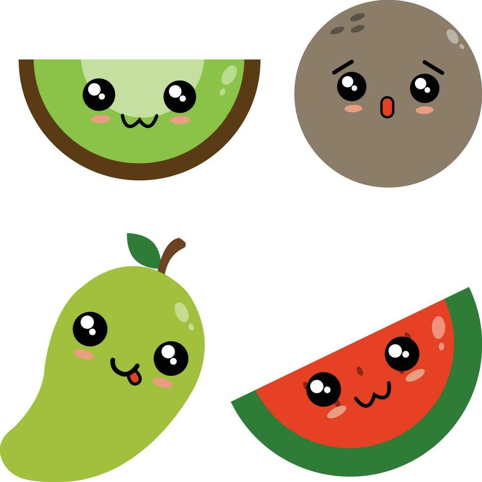 Cute Fruit, Happy cute set of smiling fruit faces. Vector set of flat cartoon illustration icons.For design decoration illustration