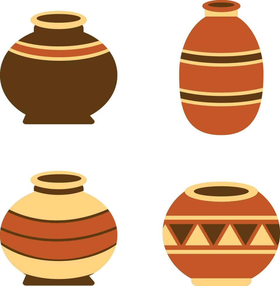 Ceramic Pots Boho. Antique  chinoiserie ceramic with oriental pattern, jugs, teapots and jars for interior, vector set. Illustration vase porcelain decoration, ceramic ancient