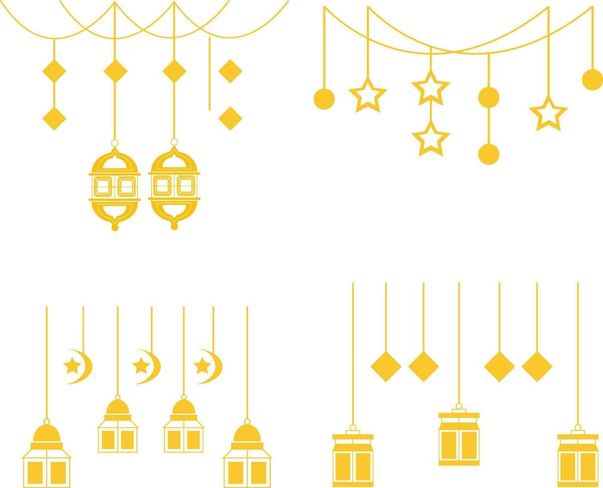 Lantern Ramadan Decoration. Muslim ornamental hanging gold lanterns, stars and moon vector illustration. Muslim holiday lantern traditional.Vector Pro