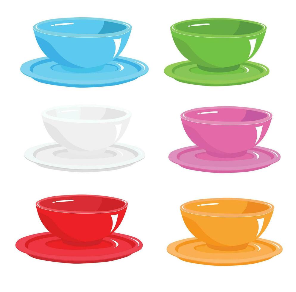 Multicolor bowl and plate vector illustration. Flat vector in cartoon style isolated on white background. Crockery set.