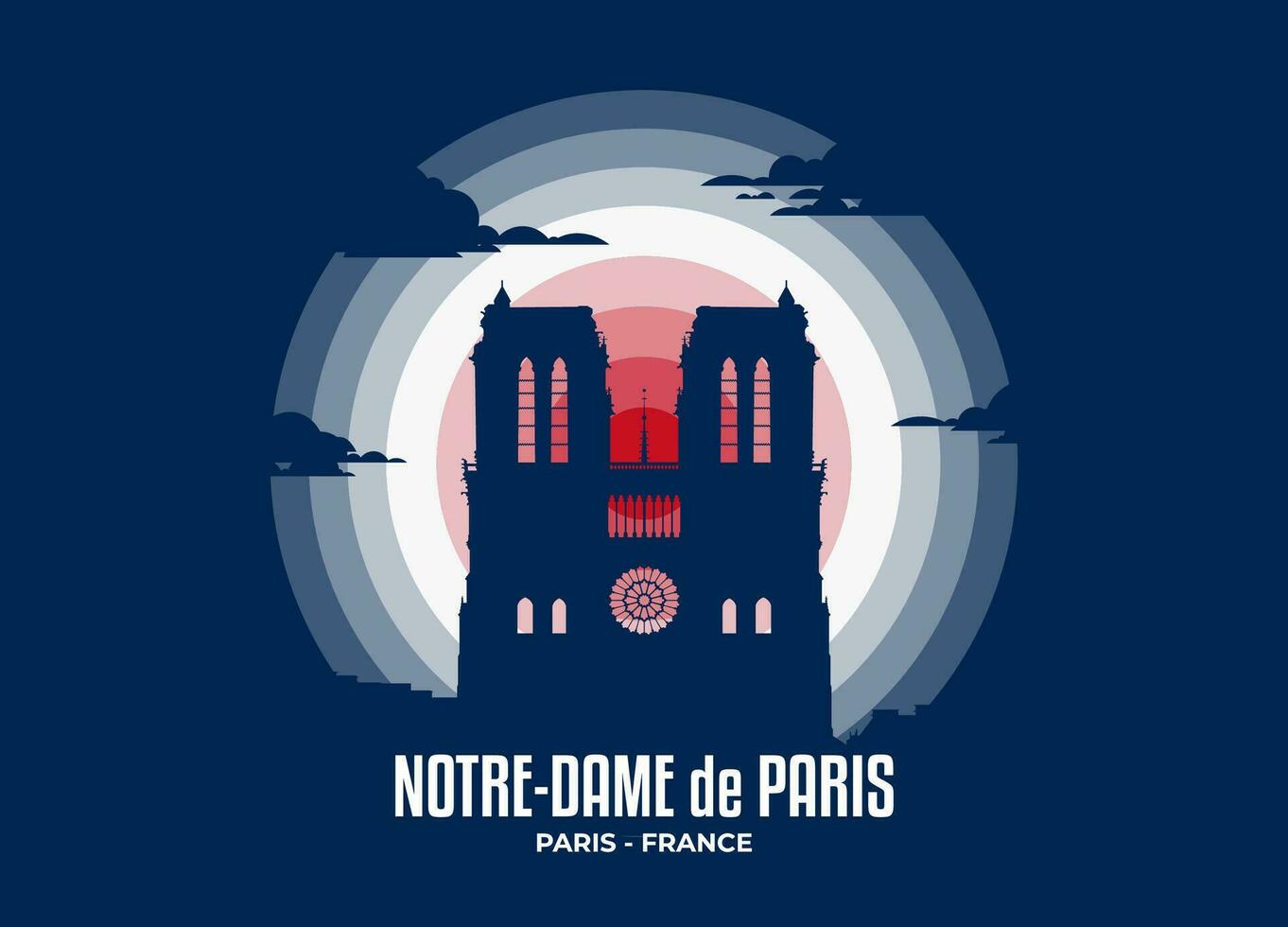 Notre Dame de Paris vector. Moonlight illustration of famous historical statue and architecture in United Kingdom. Color tone based on flag. Vector eps 10
