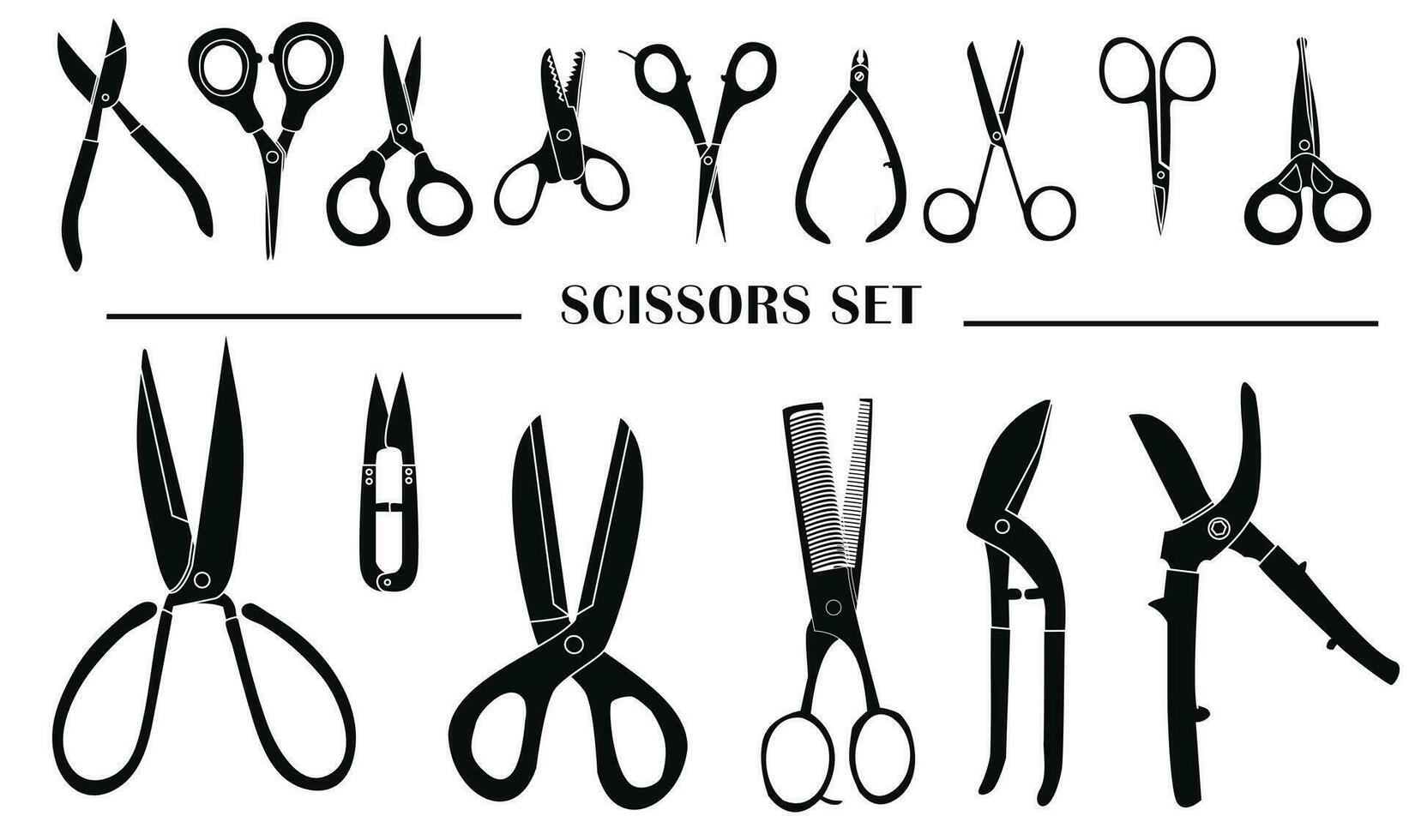 Different scissors types vector illustration in silhouette style