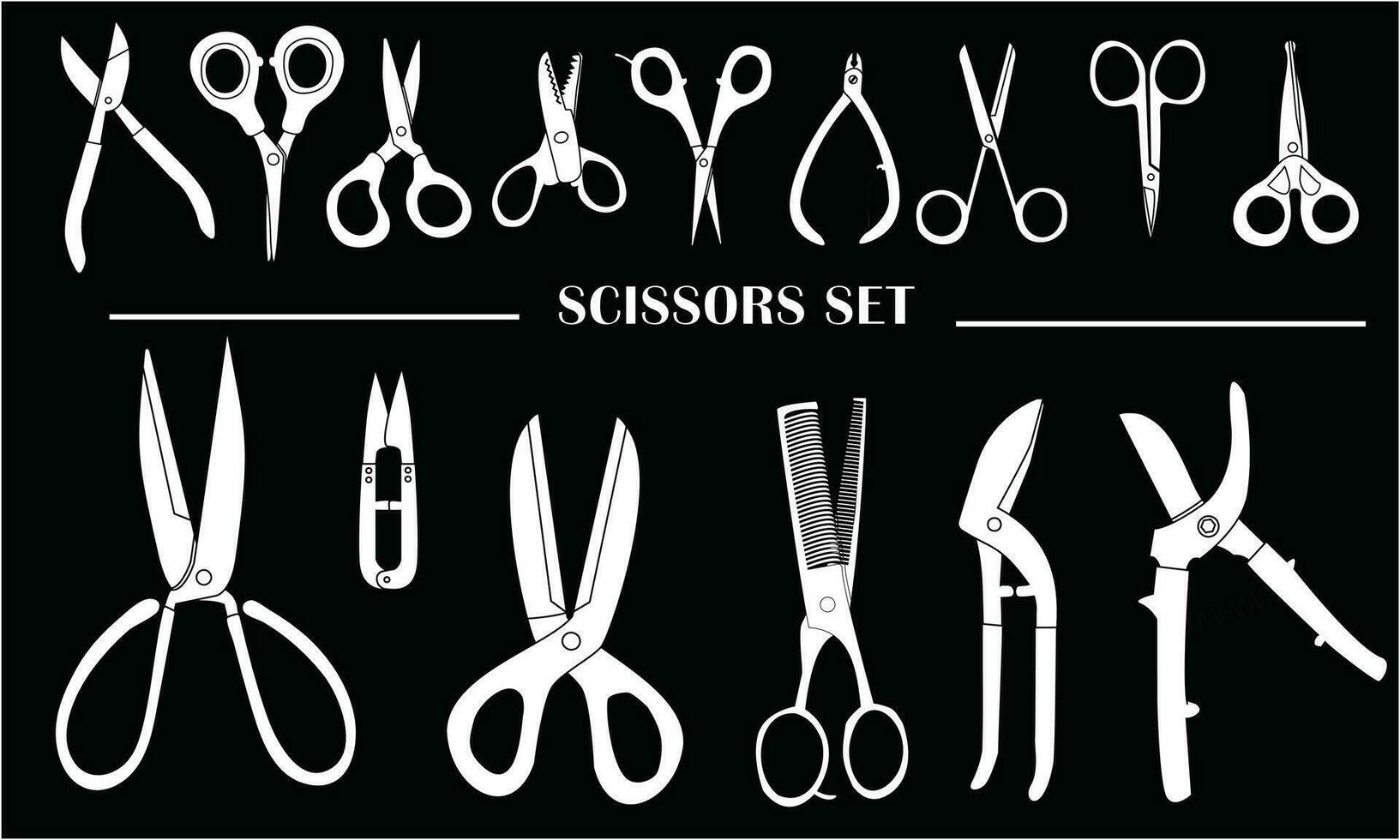 Different scissors types vector illustration in silhouette style. White scissor vector set icon in black background. Open, closed cutting scissors or nippers collection.