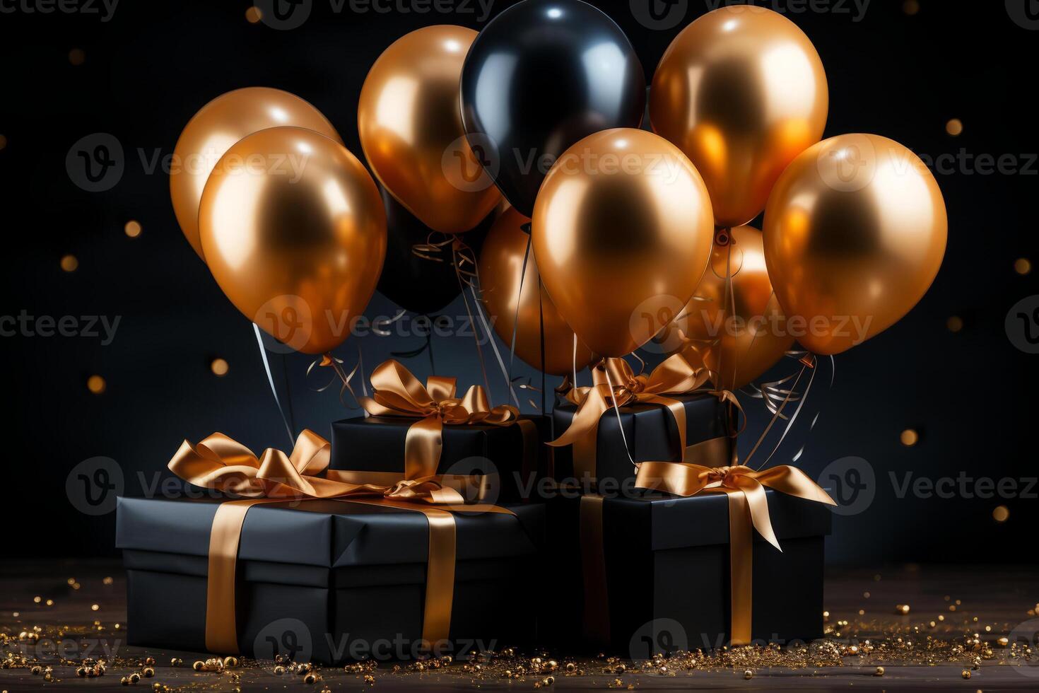 gold balloons flying over a gift box on a black background, in the style black. photo