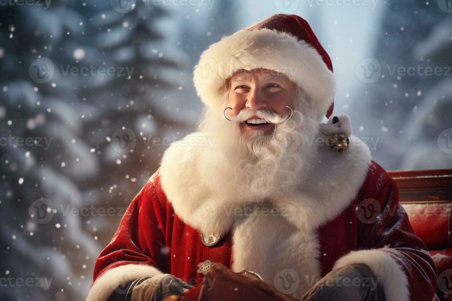 a happy and cheerful Santa Claus standing by a sleighs in North Pole.. AI Generated photo