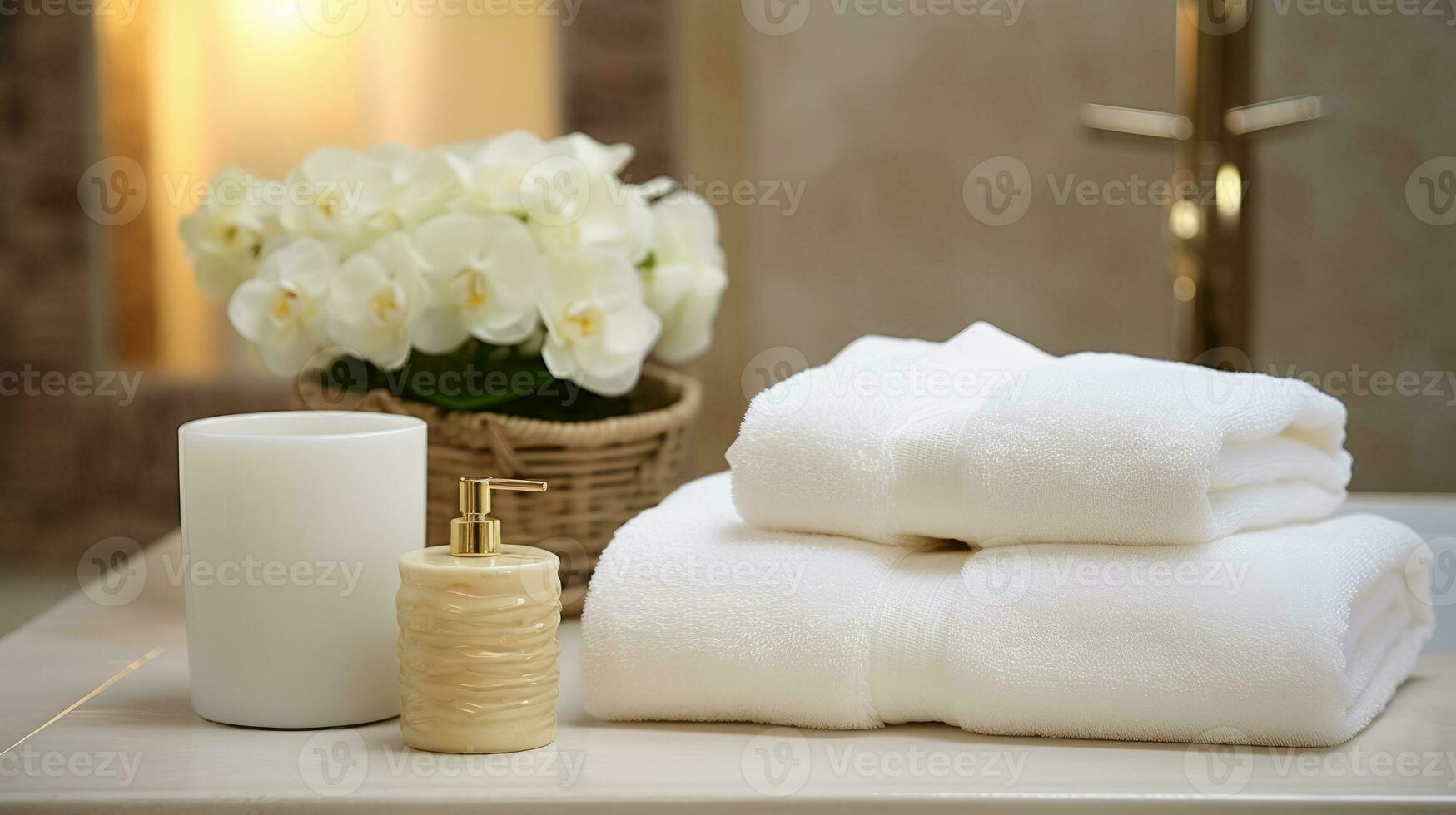 White clean towels on wooden table in bathroom, gnerative ai 23314078 Stock  Photo at Vecteezy