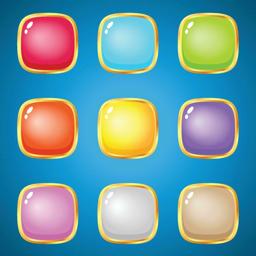 Gems square 9 colors for puzzle games. 2d asset for user interface GUI in mobile application game. vector