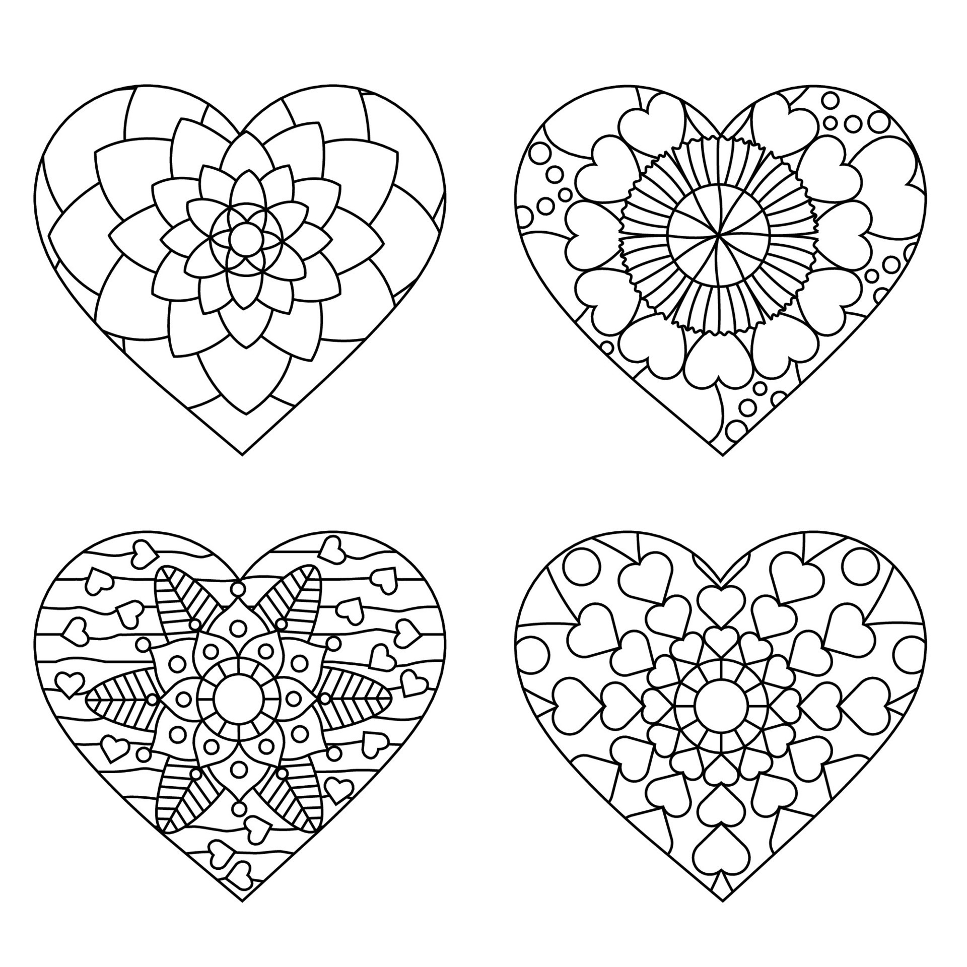Mandala shape hearts 4 style coloring for adults. Vintage decorative