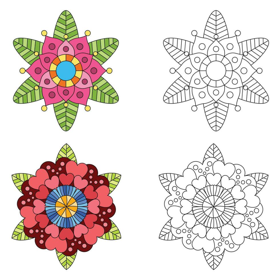 Mandala flower 2 style coloring for adults picture for relative therapy. Vintage decorative elements. Oriental pattern, vector
