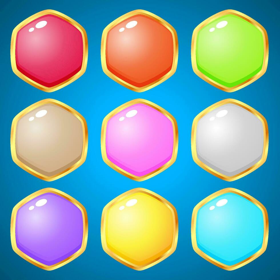 Gems hexagon 9 colors for puzzle games. 2d asset for user interface GUI in mobile application game. vector