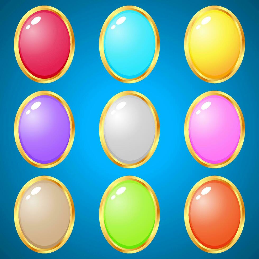 Gems oval 9 colors for puzzle games. 2d asset for user interface GUI in mobile application game. Vector for web or game design.