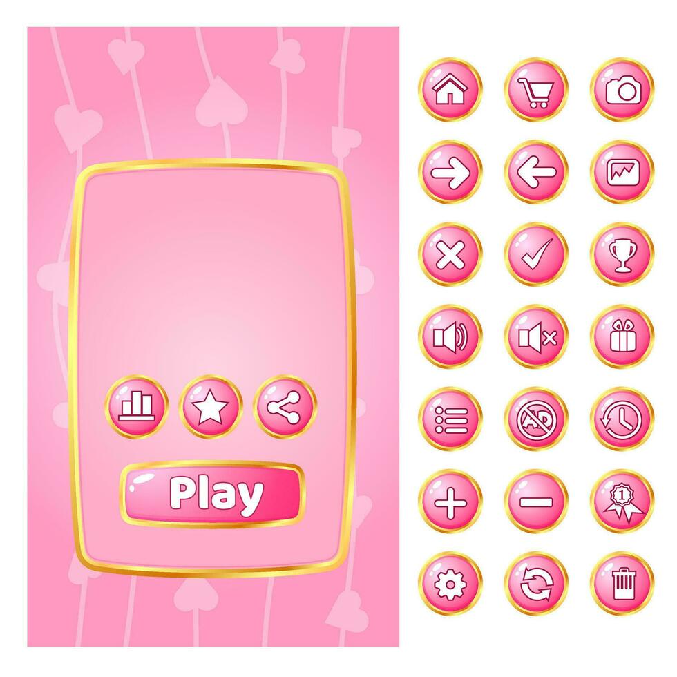 Popup ui for games border gold and gui button. Vector Illustration icon set. 2d asset for user interface GUI in mobile application or casual video game.