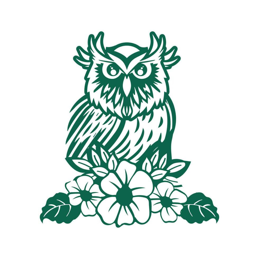 Minimalist owl with wildflower vector template. Wisdom owl logo design concept.