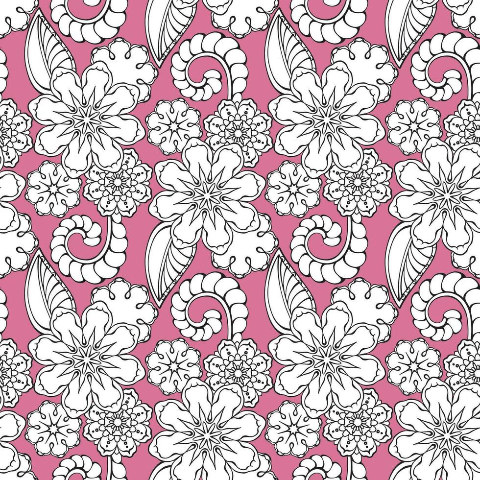 White outline paisley on pink background. Vector ethnic seamless pattern.